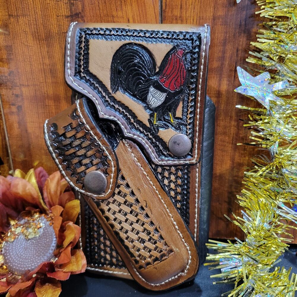 Rooster Western Leather Phone Holster W Knife Sheath LARGE 7x4" Snap Closure